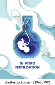 In vitro fertilization medical poster. Vector flask test tube with baby fetus illustration in papercut style. Human reproduction or artificial insemination, gynecology and obstetrics concept