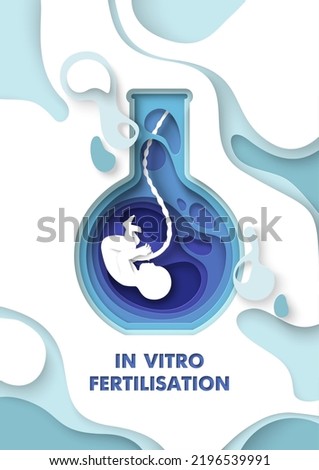 In vitro fertilization medical poster. Vector flask test tube with baby fetus illustration in papercut style. Human reproduction or artificial insemination, gynecology and obstetrics concept