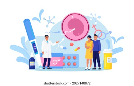 In vitro fertilization with parents, wife standing together with husband. Artificial insemination. Reproductology and reproductive health. Infertility diagnosis and treatment. Pregnancy monitoring