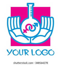In vitro fertilization. Pink and blue icon.
Stylized image of male and female symbols with human hand.