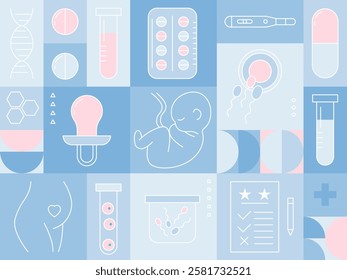 In vitro fertilization. Reproductive technology. Newborn baby. IVF concept vector illustration. Baby in test tube. Motherhood, Maternity, Pregnancy, Childbirth. Artificial insemination