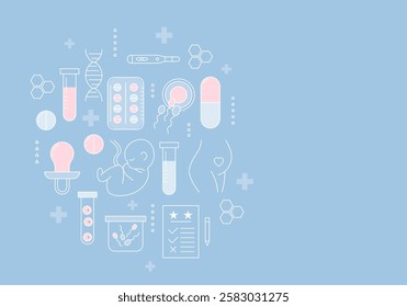 In vitro fertilization. Reproductive technology. Newborn baby. IVF concept vector illustration. Baby in test tube. Motherhood, Maternity, Pregnancy, Childbirth. Artificial insemination