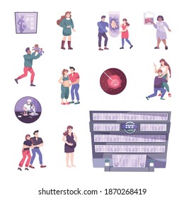 In vitro fertilization set with flat characters of parents with fetus in tube and lab equipment vector illustration