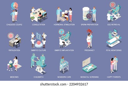 Conjunto de fertilización in vitro de estimulación hormonal preparación de esperma recuperación de óvulos implantación embrionaria embarazo parto iconos isométricos ilustración vectorial