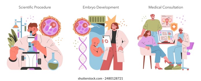 In vitro fertilization set. Laboratory analysis, embryo growth stages, and fertility doctor consultation depicted. Reproductive health and medical assistance. Vector illustration.