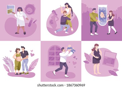 In vitro fertilization set of square compositions with human characters of pregnant women doctors and calendars vector illustration