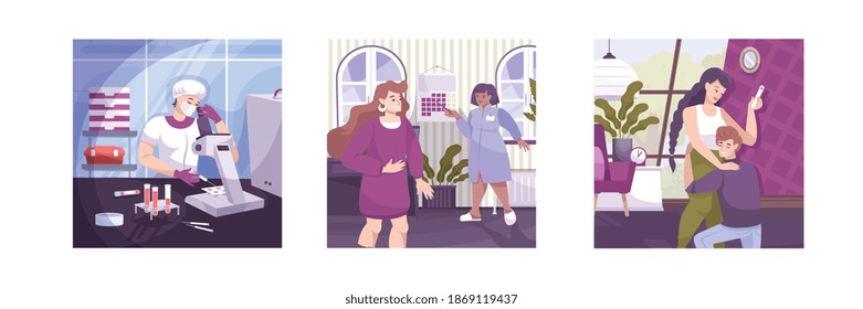In vitro fertilization set of three square compositions with research lab views doctors and mother characters vector illustration
