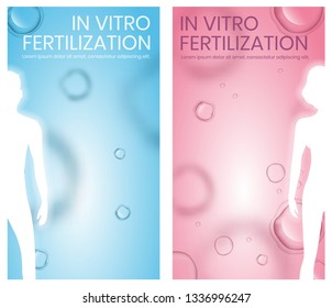 In Vitro Fertilization Vertical Banner Set, Copy Space. Abstract Faceless Man and Woman Silhouettes Stand on Blue and Pink Background with Microscopic Cells View. Medical Vector Realistic Illustration
