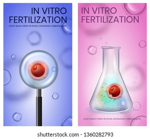 In Vitro Fertilization Vertical Banner Set. IVF. Female Egg Fecundation inside of Test Tube. Magnifier Macro View on Spermatozoons Attack Woman Cell. Vector Realistic Illustration. Poster, Copy Space