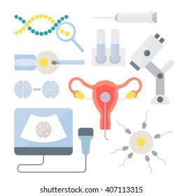 In vitro set. In vitro procedure, fertilization in laboratory. Artificial insemination and Female infertility. Reproductive system vector icons