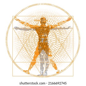 Vitruvian man with binary code, modern variation on the famous symbol.
Stylized drawing of vitruvian man with spiral of binary codes. Vector available.