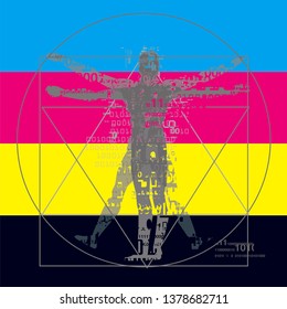 

Vitruvian Man With Binary Codes On CMYK Color Stripes Background.
Futuristic Expressive Illustration Of Vitruvian Man With A Binary Codes Symbolized Digital Age. Concept  For Graphic Design.