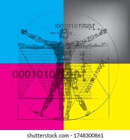 Vitruvian man with binary codes on CMYK colors background. 
Futuristic expressive Illustration of vitruvian man with a binary codes symbolizes digital age. Concept graphic design and color print.Vecto