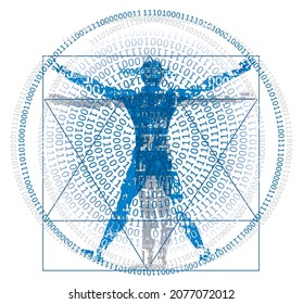 
Vitruvian man with binary code,symbol of digital age.
Stylized drawing of vitruvian man with spiral of binary codes. Vector available.