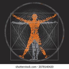 Vitruvian man with binary code,symbol of digital age.
Stylized drawing of vitruvian man with spiral of binary codes on black background. Vector available.