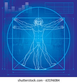 The Vitruvian man (Blueprint version). So-called Leonardo's man. Detailed vector drawing based on the artwork by Leonardo da Vinci c. 1490.