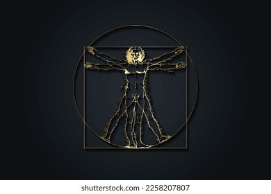 Vitruvian Man by Leonardo Da Vinci - luxury gold texture, vector illustration isolated on black background