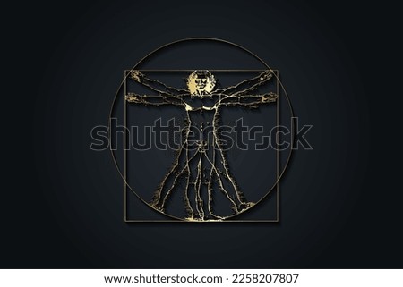 Vitruvian Man by Leonardo Da Vinci - luxury gold texture, vector illustration isolated on black background