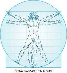 The Vitruvian Man, Or So Called Leonardo Da Vinci Man. Detailed Drawing. Blue Version.