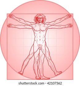 The Vitruvian man, or so called Leonardo da Vinci man. Detailed drawing. In Red.