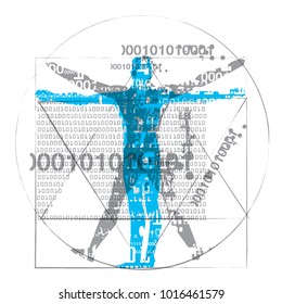  Vitruvian Man Of Computer Age.  A Grunge Stylized Drawing Of Vitruvian Man With A Binary Codes Symbolized Digital Age. Isolated On White Background. Vector Available.