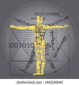 
Vitruvian Man Of Computer Age.
 A Grunge Stylized Yellow Silhouette Of Vitruvian Man With A Binary Codes Symbolized Digital Age. Vector Available.