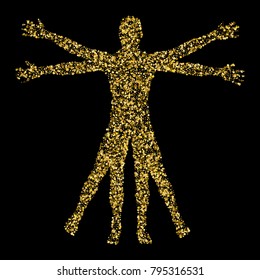 Vitruvian Man. The concept of gold confetti based on sketches by Leonardo da Vinci. Vector illustration.