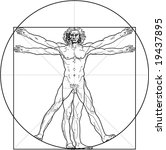 The Vitruvian man. Detailed drawing on the basis of artwork by Leonardo da Vinci (executed circa in 1490) by ancient manuscript of Roman master Marcus Vitruvius Pollio.