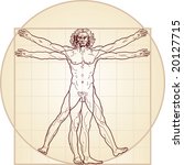 The Vitruvian man. Detailed drawing on the basis of artwork by Leonardo da Vinci (executed circa in 1490) by ancient manuscript of Roman master Marcus Vitruvius Pollio.