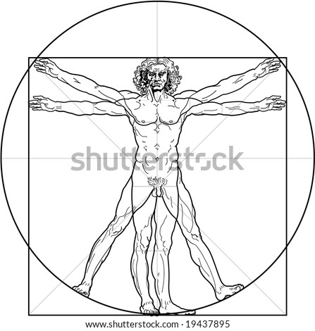 The Vitruvian man. Detailed drawing on the basis of artwork by Leonardo da Vinci (executed circa in 1490) by ancient manuscript of Roman master Marcus Vitruvius Pollio.