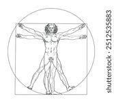 Vitruvian man, with fig leaf. Depiction of perfect human proportions with the nature, cosmos and geometry. A man in the center of a circle and a square, also a reference to the squaring of the circle.