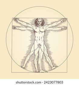 Vitruvian man, with fig leaf. Depiction of perfect human proportions with the nature, cosmos and geometry. A man stands in the center of a circle and a square, reference to the squaring of the circle.