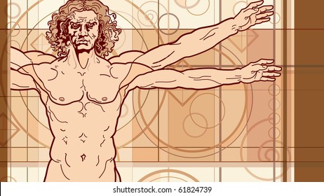 The Vitruvian man (Fragment). 
'Homo vitruviano'. So-called The Vitruvian man a.k.a. Leonardo's man. Detailed drawing on the basis of artwork by Leonardo da Vinci, executed him c. 1490.