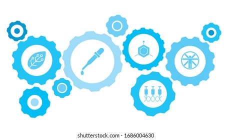 Vitruvian, man gear blue icon set. Connected gears and vector icons for logistic, service, shipping, distribution, transport, market, communicate concepts.