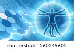Vitruvian man hexagon blue background concept like Leonard Da Vinci s anatomy illustration