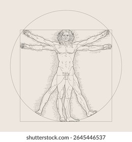 Vitruvian Man, Leonardo da Vinci. Line design, editable strokes, Vector illustration EPS 10. Human body proportions, Marcus Vitruvius Pollio