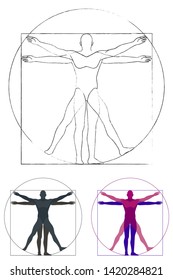 Vitruvian man, modern styling, different position of a man, set vector illustration