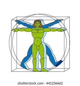 Vitruvian man mutant isolated on white background.