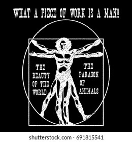 Vitruvian man  stylized symbol on a black background. Chalk text style. Vector illustration.