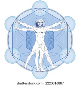 Vitruvian Man, Vektordesign mit Metatron-Hintergrund