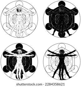 Vitruvian Man vector design with Metatron background