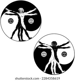 Vitruvian man vector design with yin yang symbol