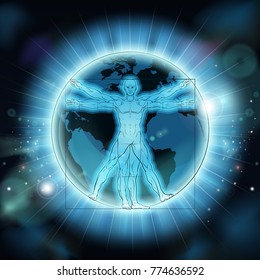 Vitruvian man world earth globe background concept