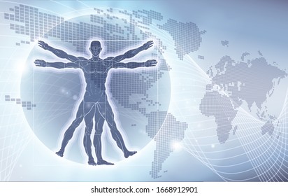 A Vitruvian man world map background design graphic 