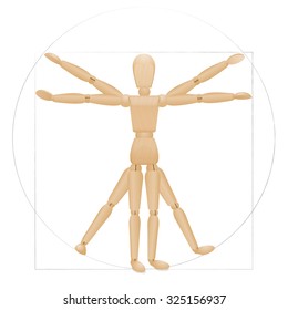 Vitruvian mannequin - sacred geometry in graphic art and anatomical proportions represented by a wooden lay figure. Illustration over white background.