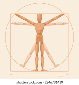 Vitruvian mannequin. Wooden sculpture leonardo da vinci, doll human anatomy model of body men proportion, flexibility poses joint figure puppet for gym, vector illustration of renaissance proportion