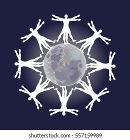 Vitruvian men on the moon. Vector illustration