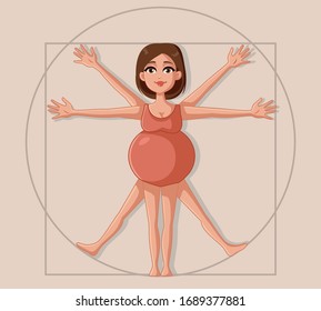 Vitruvian Pregnant Woman Vector Cartoon. Reinterpretación del arte clásico con la figura femenina
