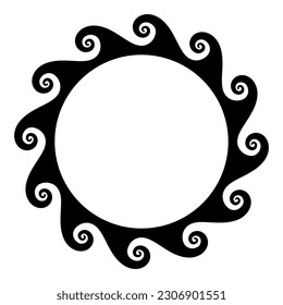 Vitruvian wave pattern, circle frame with seamless meander design, also known as running dog or scroll pattern, a repeated motif with twelve connected spirals moving around a circle. Illustration.