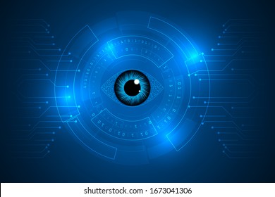 vitual science technology infographic abstract. Blue eye cyber security innovation and digital privacy technology.